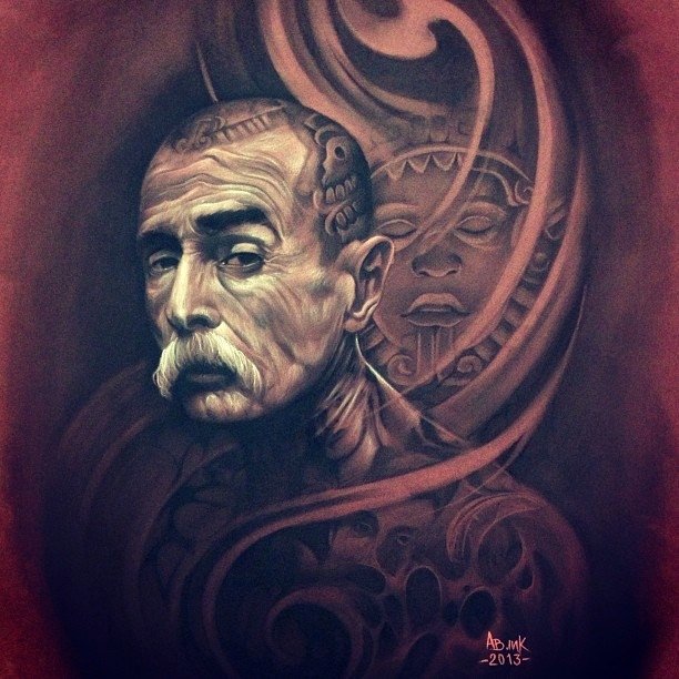 Artistic Chicano art depicting a weathered man's face intertwined with a stylized female figure and swirling, intricate patterns in rich earthy tones.