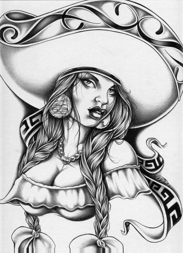 Artistic Chicano art pencil portrait of a woman wearing an ornate sombrero, braided hair, off-shoulder blouse and decorative lowrider-style motifs.