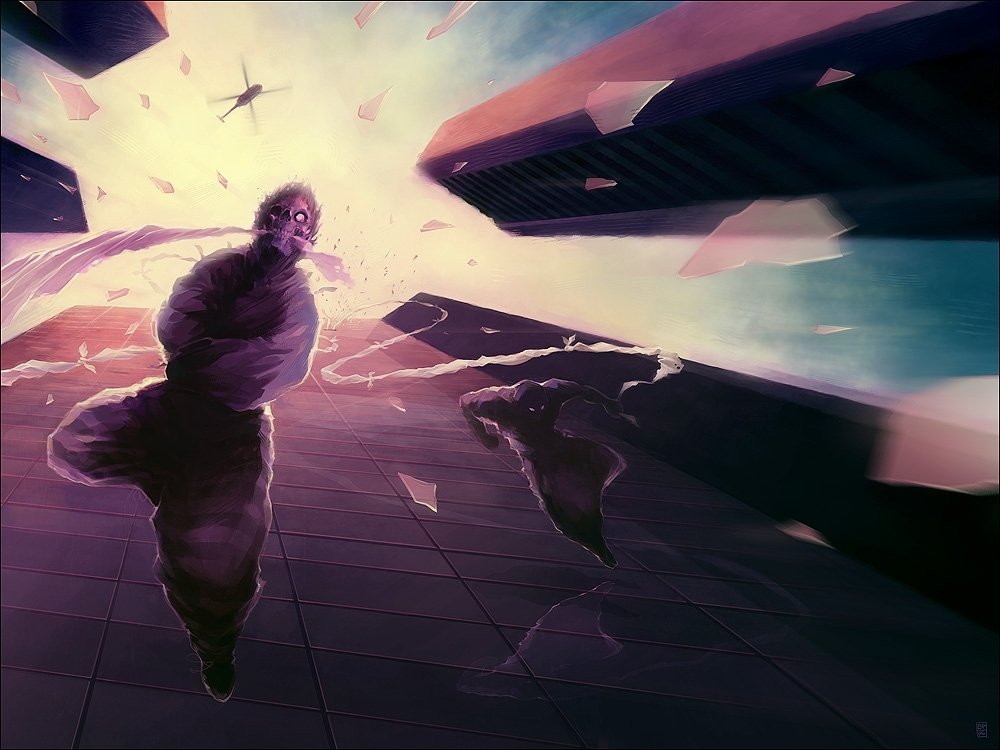 A dark, surreal digital art scene depicting a zombie in a twisted, floating architectural space, blending dark and fantasy elements in a haunting composition.