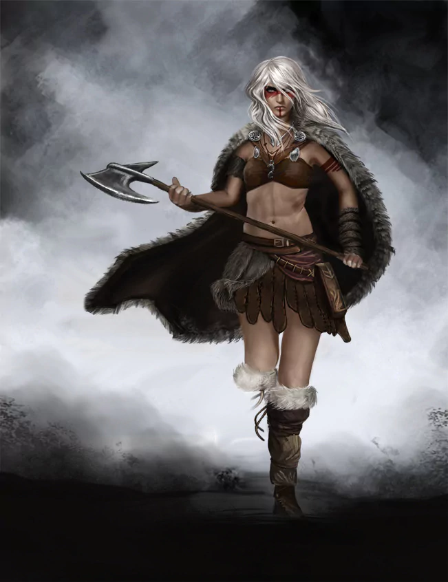 A fierce women warrior stands confidently, wielding an axe. Dressed in a fur-lined cloak, she embodies strength and resilience in a captivating fantasy setting.