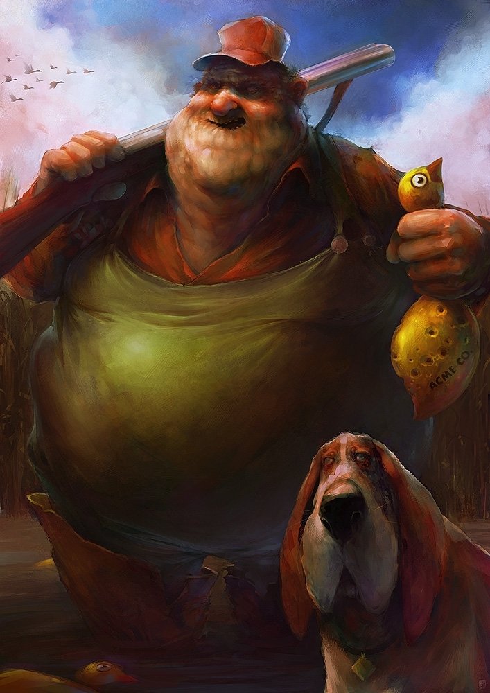 A cartoon-style fantasy scene depicting a cheerful hunter man holding a shotgun and a bird, accompanied by a droopy-eared dog.