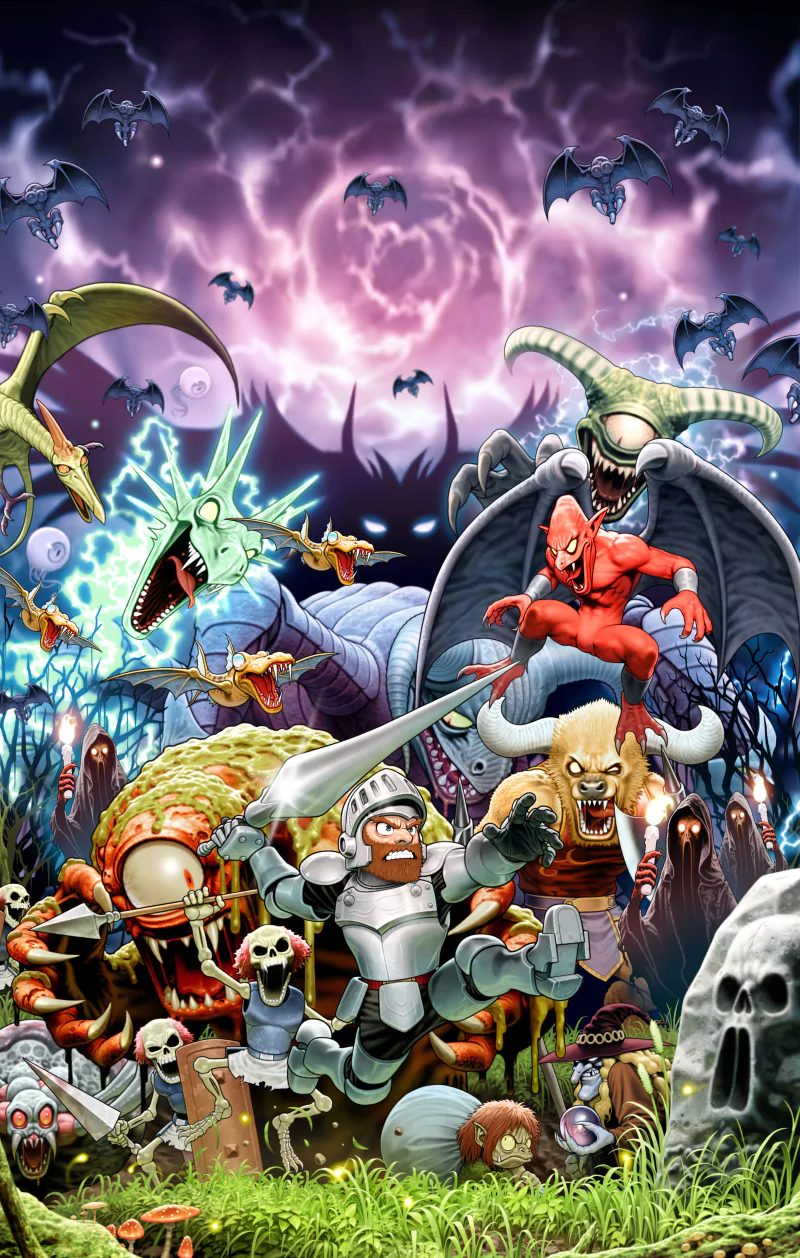 Ultimate Ghosts'n Goblins: armored knight charges through a haunted graveyard while demons, skeletons, bats and monstrous creatures swarm beneath a crackling purple storm sky.