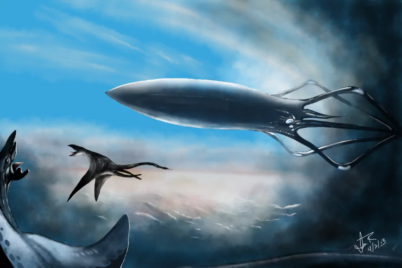 A dark sci-fi scene showing an alien ship resembling a squid near Area 51, with mysterious creatures flying close by under a blue sky.