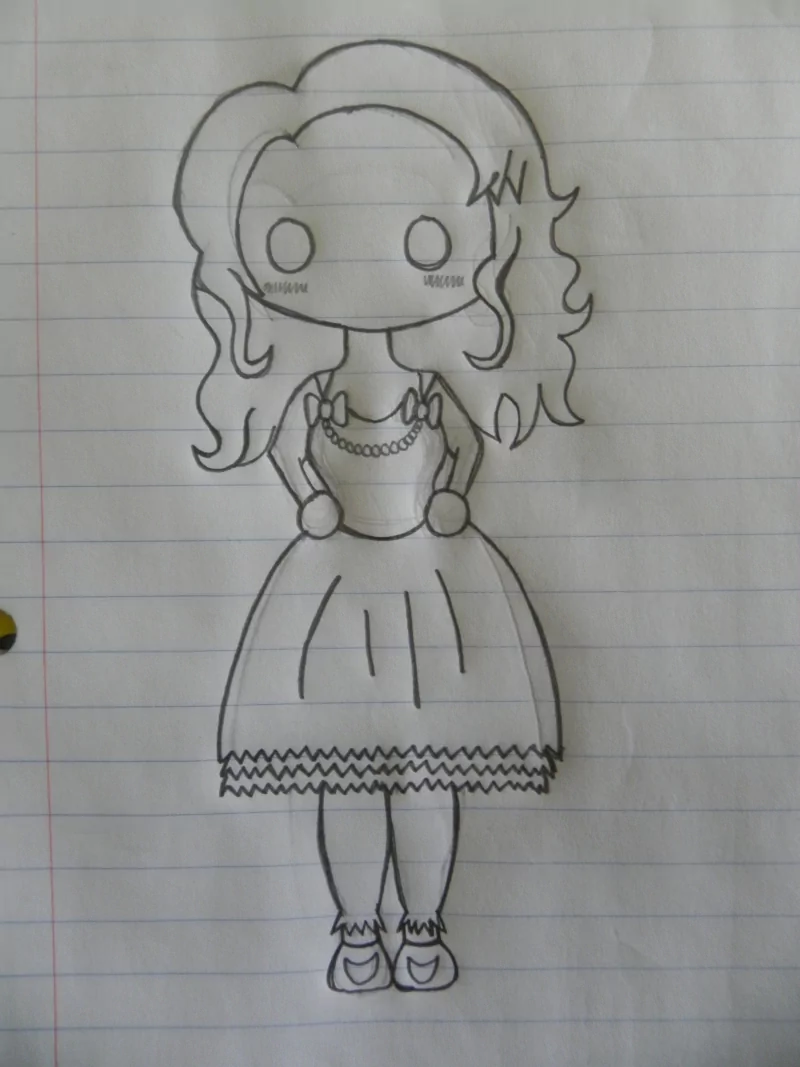 Cute chibi pencil sketch fan art inspired by Paramore: stylized female figure with big round eyes, wavy hair, a beaded necklace and frilly dress.