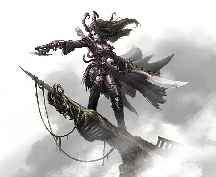 Epic man-made fantasy depiction of Skarre: a pirate woman warrior on a ship's prow, brandishing a pistol and cutlass through swirling mist and torn sails.