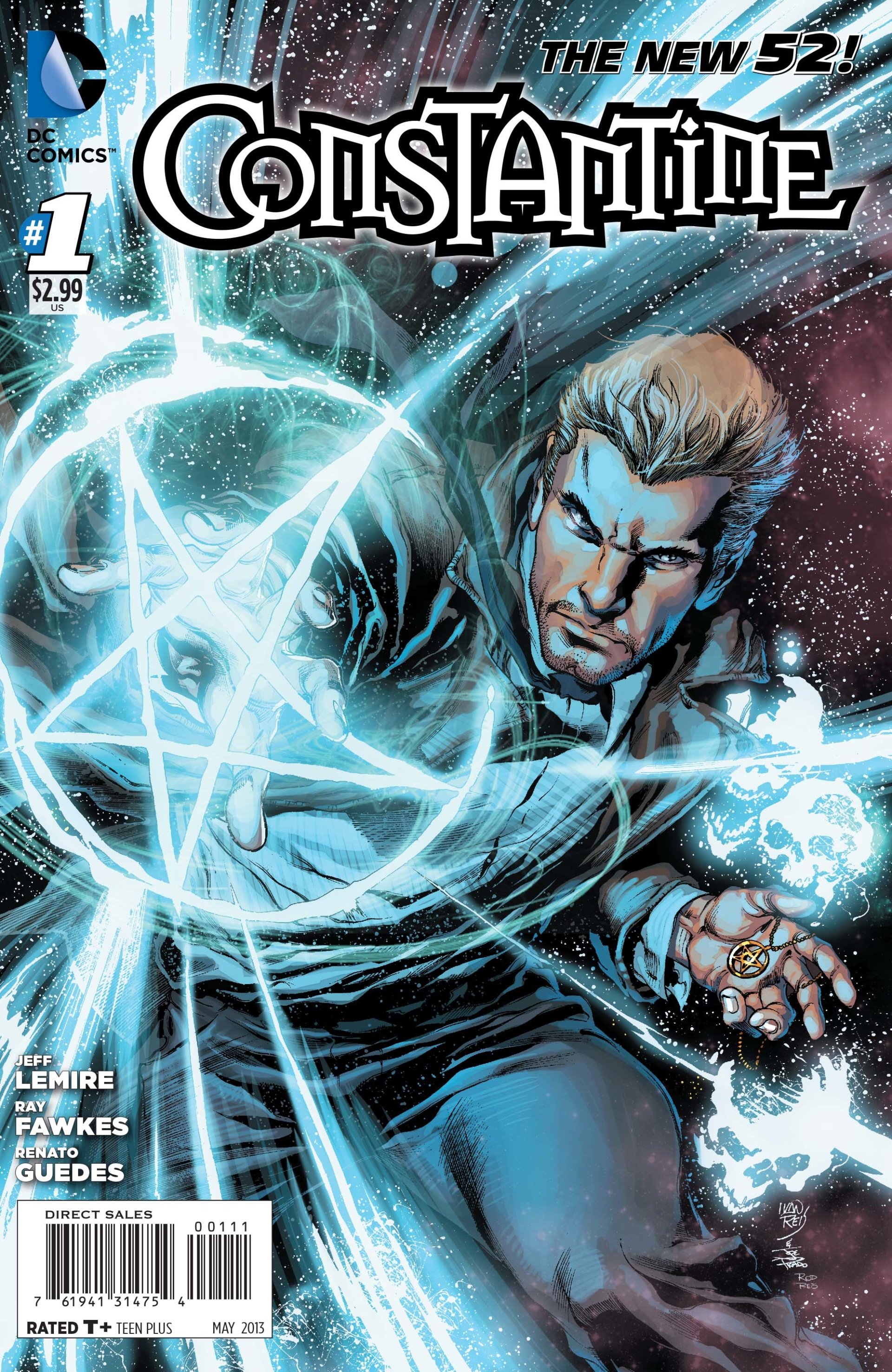 Comic cover: Constantine conjures a glowing pentagram spell, blond hair, trench coat and rings on his hand, framed by swirling cosmic energy and stars.