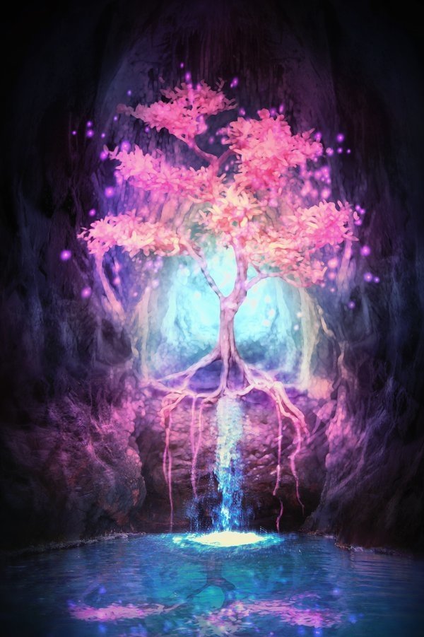 A glowing pink tree floats in a cavern, its luminescent roots spilling a waterfall of light into a crystal pool — a mystical fantasy forest tableau.