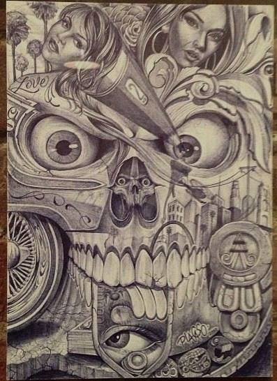 Artistic Chicano art featuring an intricate collage of a skull, expressive eyes, two women, urban elements, and symbolic motifs blending culture and emotion.