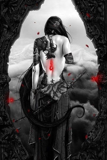 A dark, mysterious woman stands with her back to the viewer, adorned with intricate tattoos and a glowing red emblem. She holds a sword, surrounded by swirling clouds and falling petals.