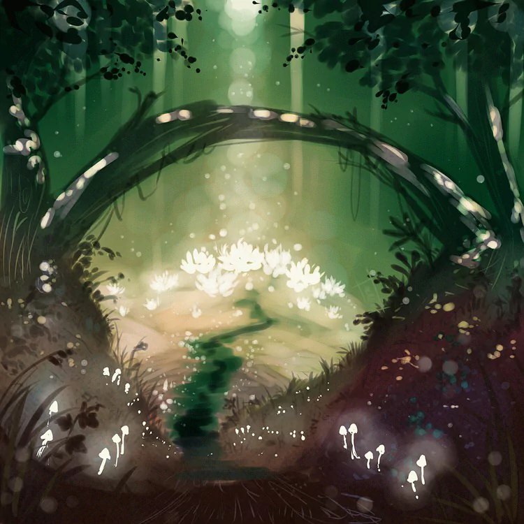 A fantasy landscape showing a glowing, enchanted forest clearing framed by an arched tree, with ethereal light illuminating delicate flowers and mushrooms.