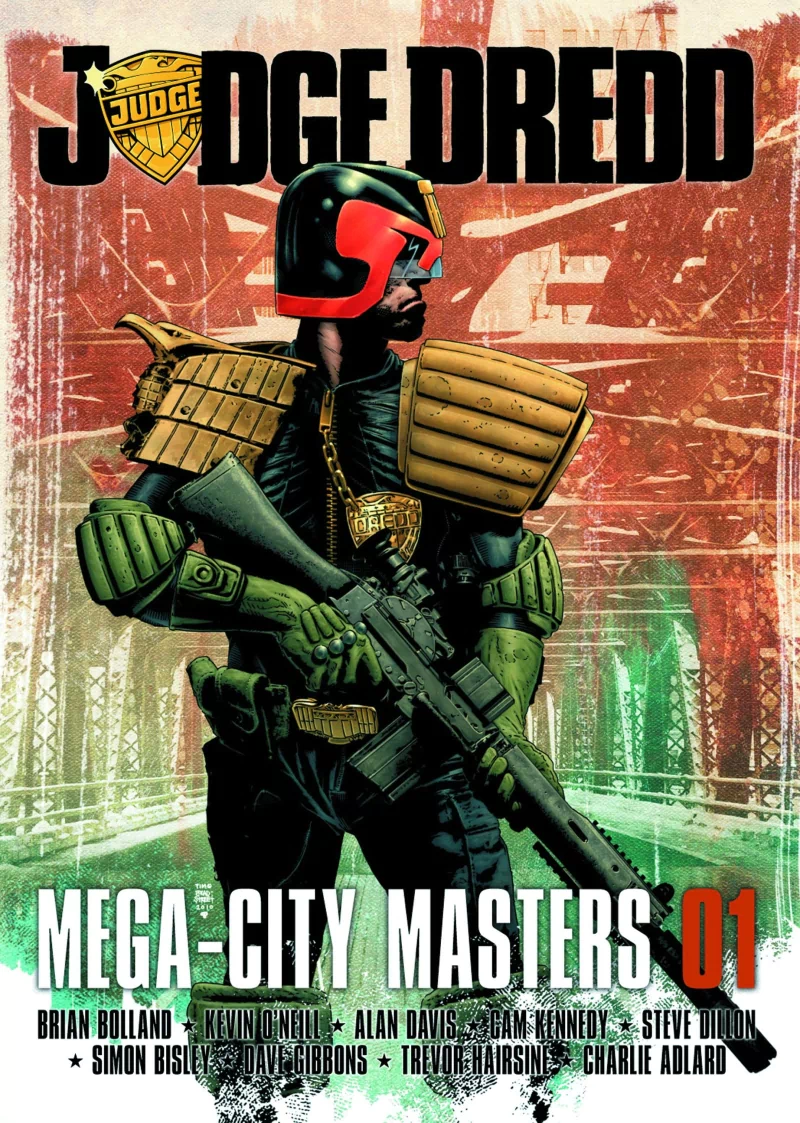 Comic cover: Judge Dredd in full armored uniform and helmet, gripping a heavy rifle against a gritty, dystopian Mega-City backdrop; title reads Mega-City Masters 01.