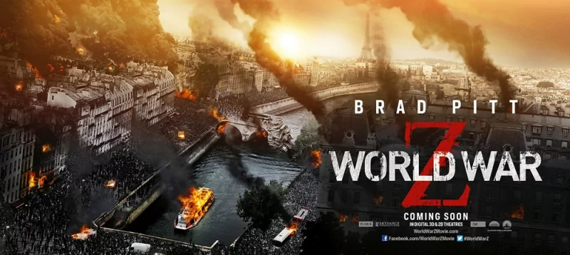 Movie poster for World War Z: an apocalyptic orange sky over a burning city and collapsed bridges, smoke and fires, the film title bold across the scene.