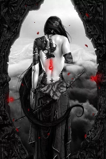 A dark, mysterious woman stands with her back to the viewer, adorned with intricate tattoos and a glowing red emblem. She holds a sword, surrounded by swirling clouds and falling petals.