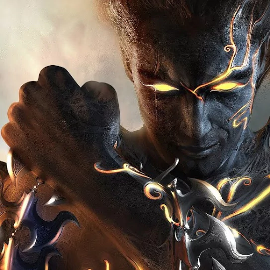 A dark and intense portrayal from the video game Prince of Persia: The Two Thrones, featuring a figure with glowing eyes and intricate markings, exuding a powerful presence.
