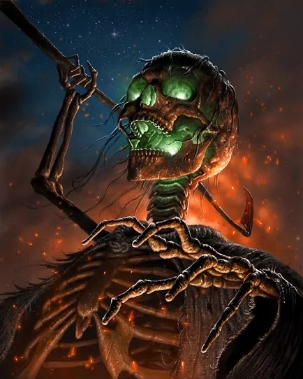 A dark-themed skeleton with glowing green eyes wields a spear, surrounded by wisps of smoke and embers, evoking a haunting, ominous atmosphere.