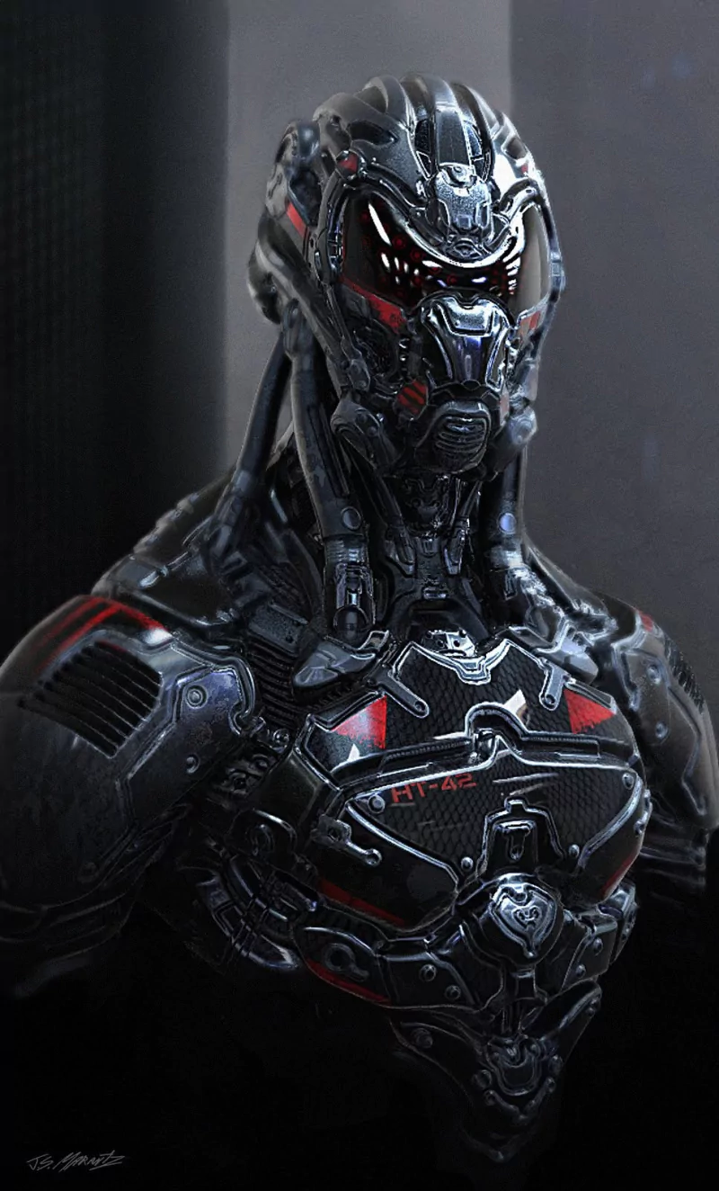 A striking cyborg figure with a sleek, metallic design and glowing eyes, embodying the futuristic essence of sci-fi aesthetics.