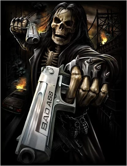 A dark, intense scene featuring a skeleton with long hair, wearing spiked gloves, holding a large gun labeled BAD ASS and a grenade, set against a fiery, ruined urban background.