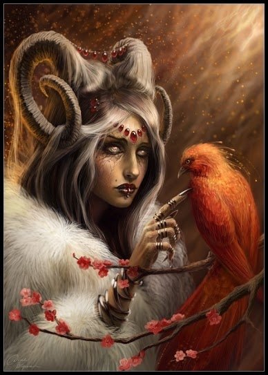 A dark, mystical woman with horns and white eyes gently touches an orange bird perched on a blossoming branch.