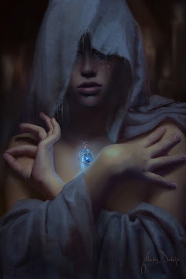 A dark, atmospheric image of a woman cloaked in shadows, holding a glowing pendant close, radiating an air of mystery and enchantment.