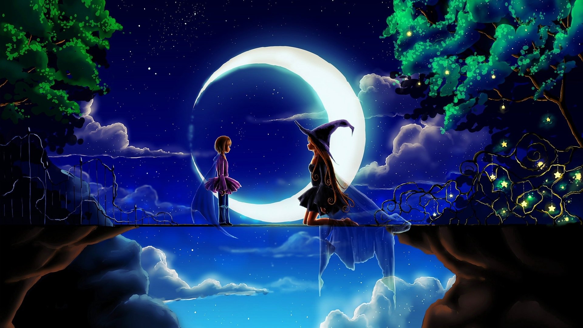 Two anime characters, one in a witch costume and another in a ballet outfit, stand on a cliff under a crescent moon, surrounded by a magical Halloween night backdrop.