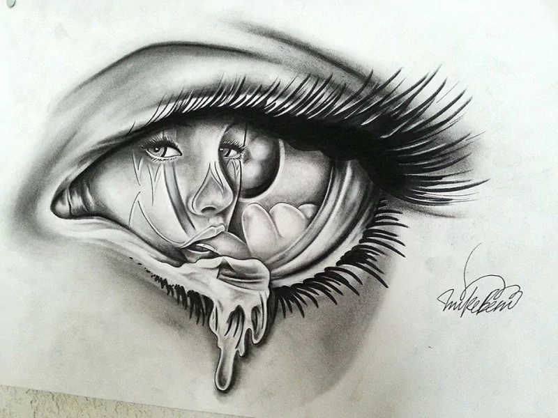 A striking artistic depiction of an eye, featuring intricate details and emotive elements, including a face and tears flowing, blending realism with surrealism.