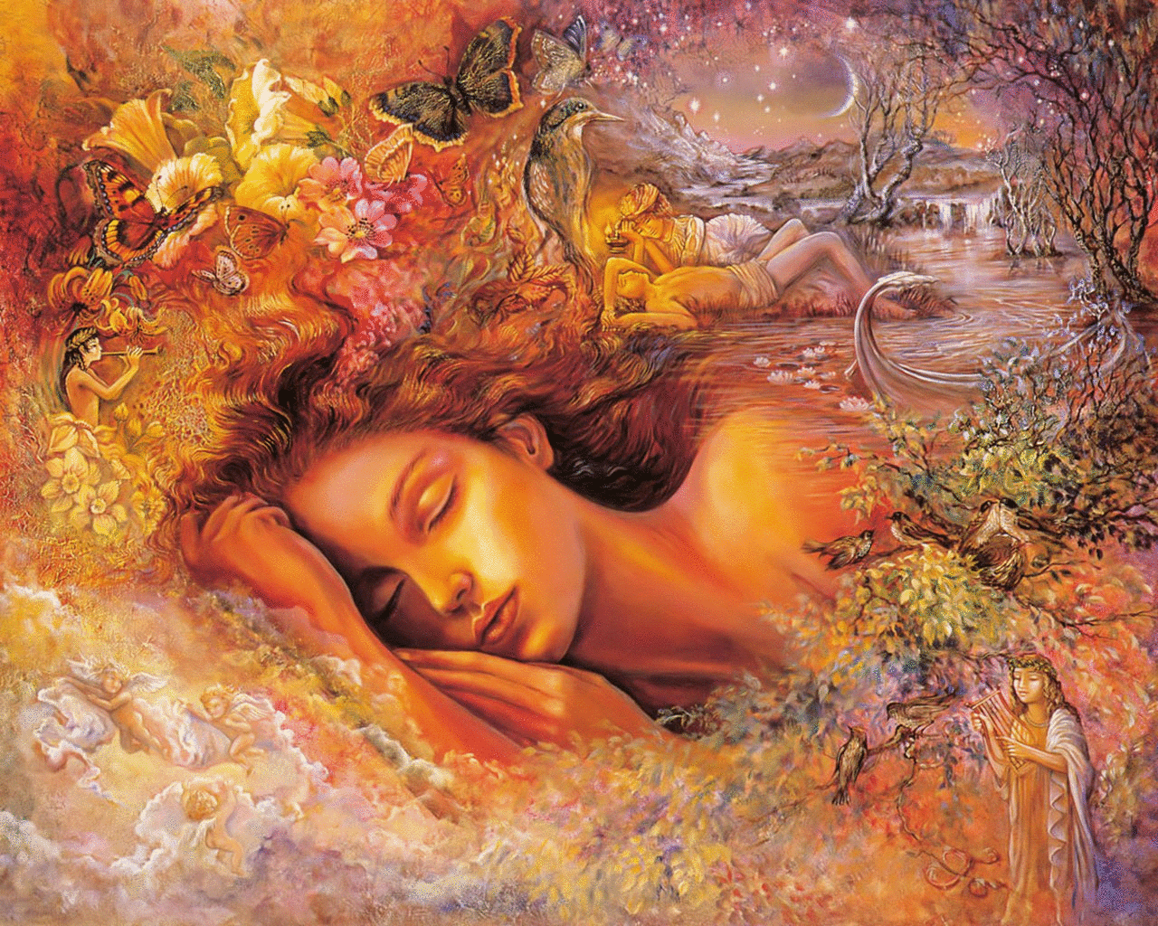 A dreamy, artistic depiction of a woman asleep, surrounded by vibrant elements of nature, butterflies, and serene landscapes, conveying a sense of tranquility and imagination.
