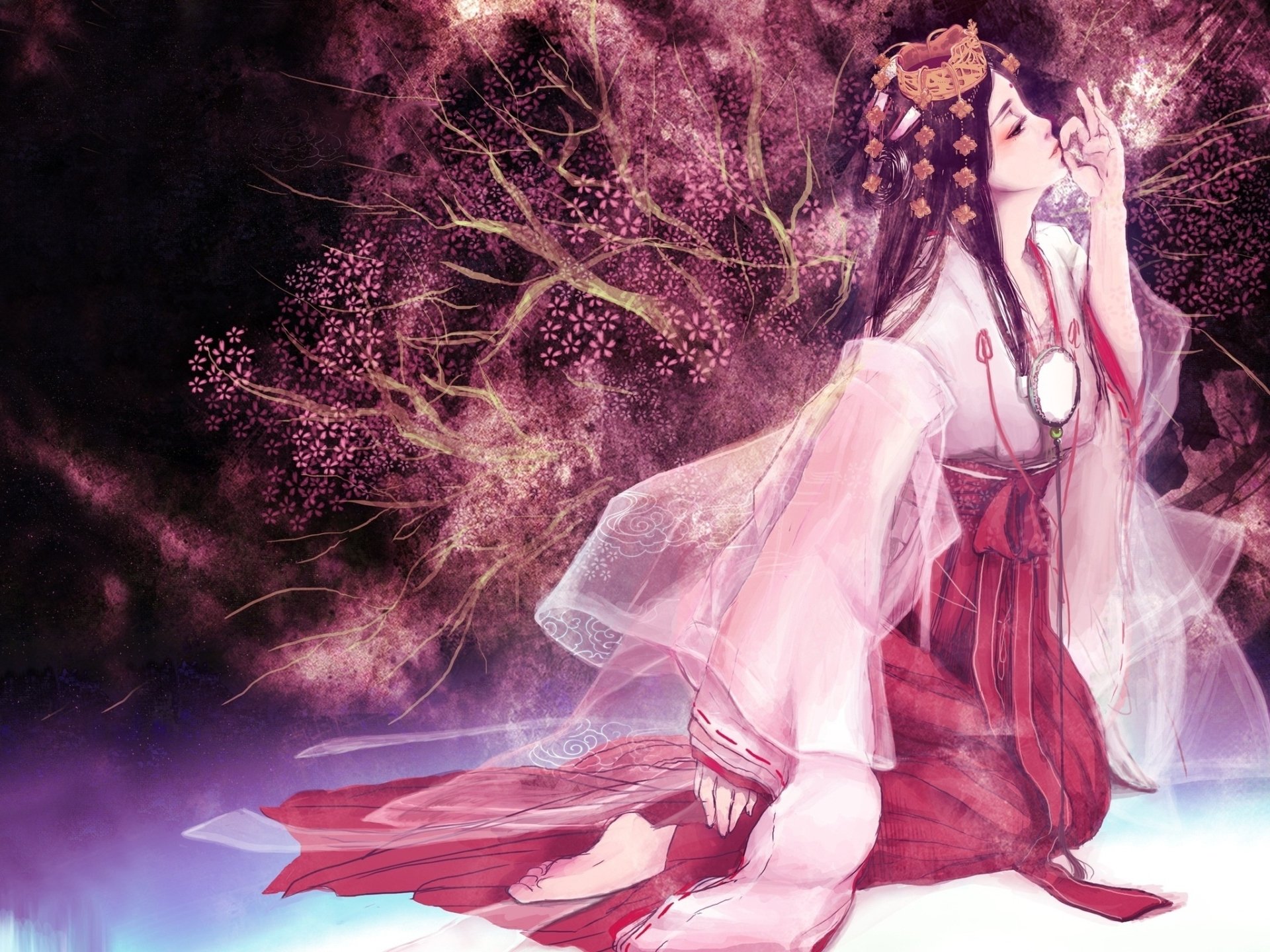 Anime-style artwork inspired by Princess Mononoke features a graceful woman in traditional attire, surrounded by ethereal pink and purple hues and mystical light effects.