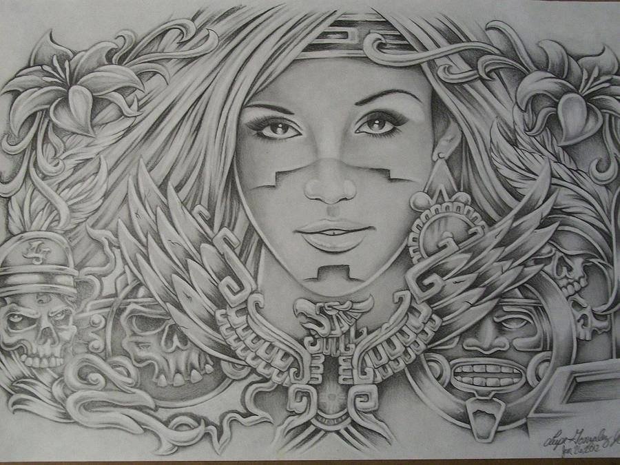 Artistic Chicano art featuring a detailed grayscale portrait of a woman surrounded by floral, winged, and symbolic cultural elements.