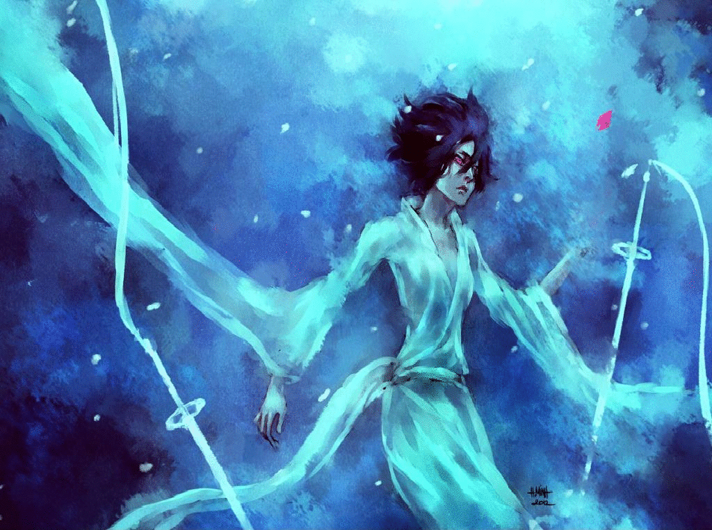 Anime-style illustration from Bleach featuring a character with flowing white garments and dark hair, surrounded by a blue, ethereal energy.