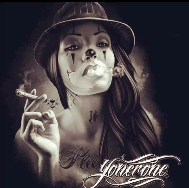 A striking artistic tattoo design features a woman with clown-like makeup, smoking a cigarette, exuding a bold and edgy vibe, set against a dark background.