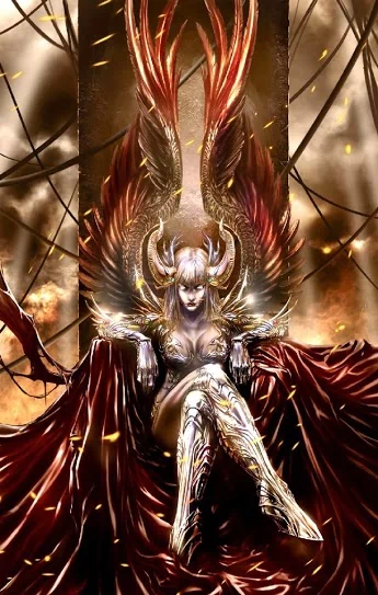 Dark, comic-style Witchblade Dark Superhero seated on a throne in horned metallic armor with fiery wings, crimson drapery and drifting embers.