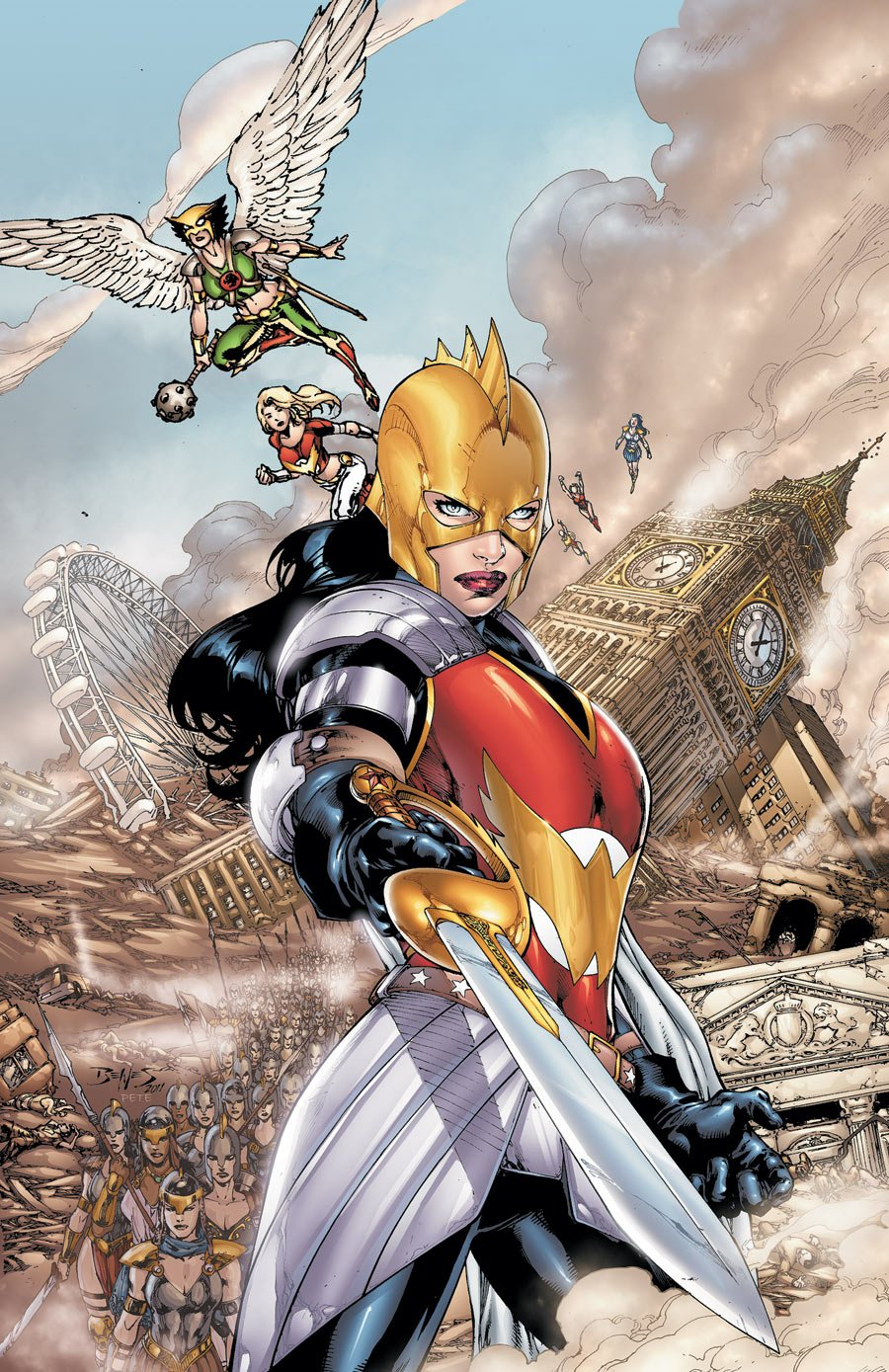 Comic-style image of a fierce female superhero from D.C. with a golden helmet and sword, set against a chaotic London backdrop featuring Big Ben and flying allies.