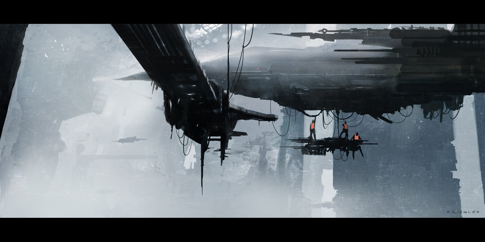 Futuristic sci-fi spaceship docks within a massive, industrial space architecture shrouded in mist and shadows.