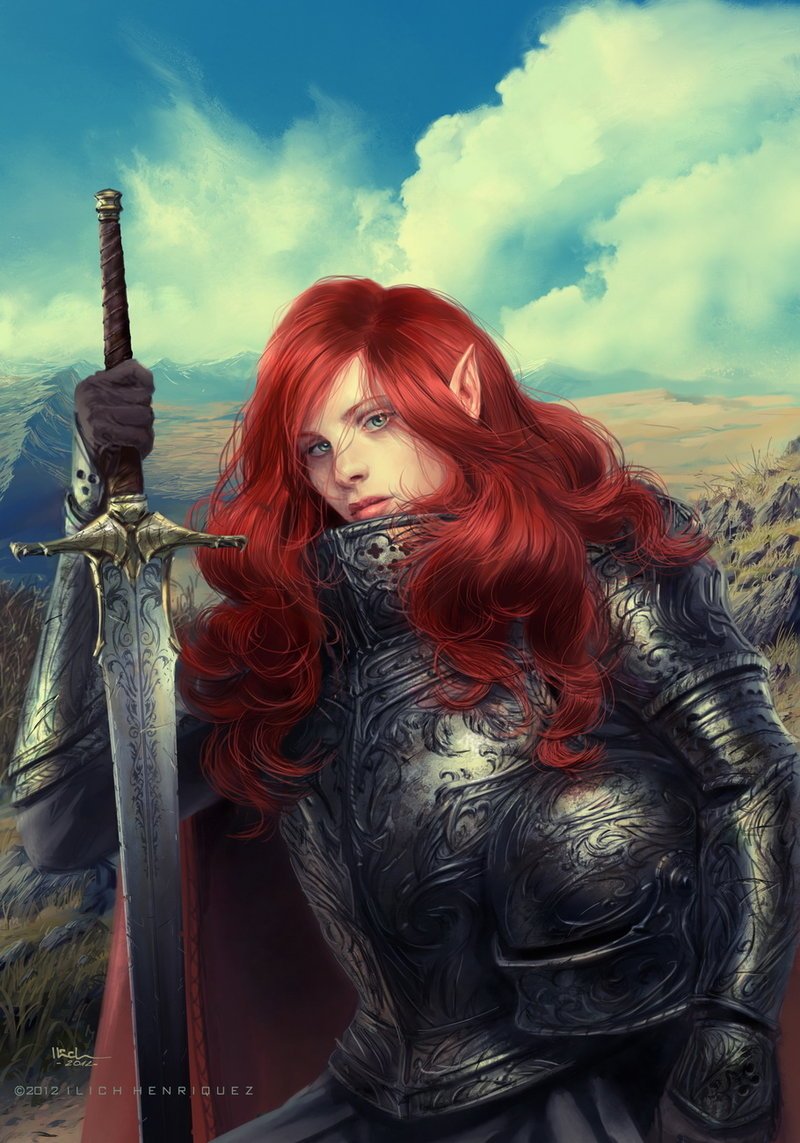 A fantasy warrior woman with striking red hair and pointed ears stands armored against a mountainous backdrop, gripping a large sword with determination.