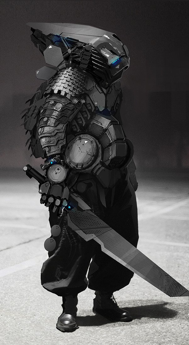 Sci-fi warrior in black layered armor and hexagonal pauldrons, glowing blue visor, carrying a massive blade — futuristic combat exosuit against a dim industrial backdrop.