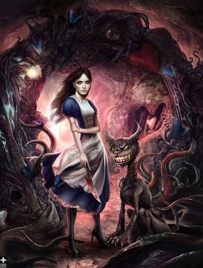 Dark, eerie scene from the video game Alice: Madness Returns, featuring a determined Alice holding a bloodied knife alongside a sinister, grinning cat in a twisted, shadowy environment.