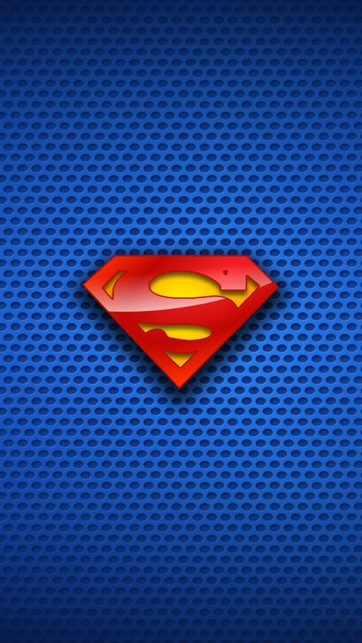Comic-style Superman shield logo in red and yellow centered on a textured blue background.