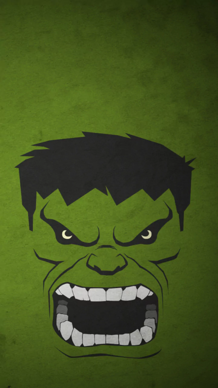 A minimalist comic-style depiction of the Hulk's furious face, featuring bold green hues and striking black outlines that capture his iconic angry expression.