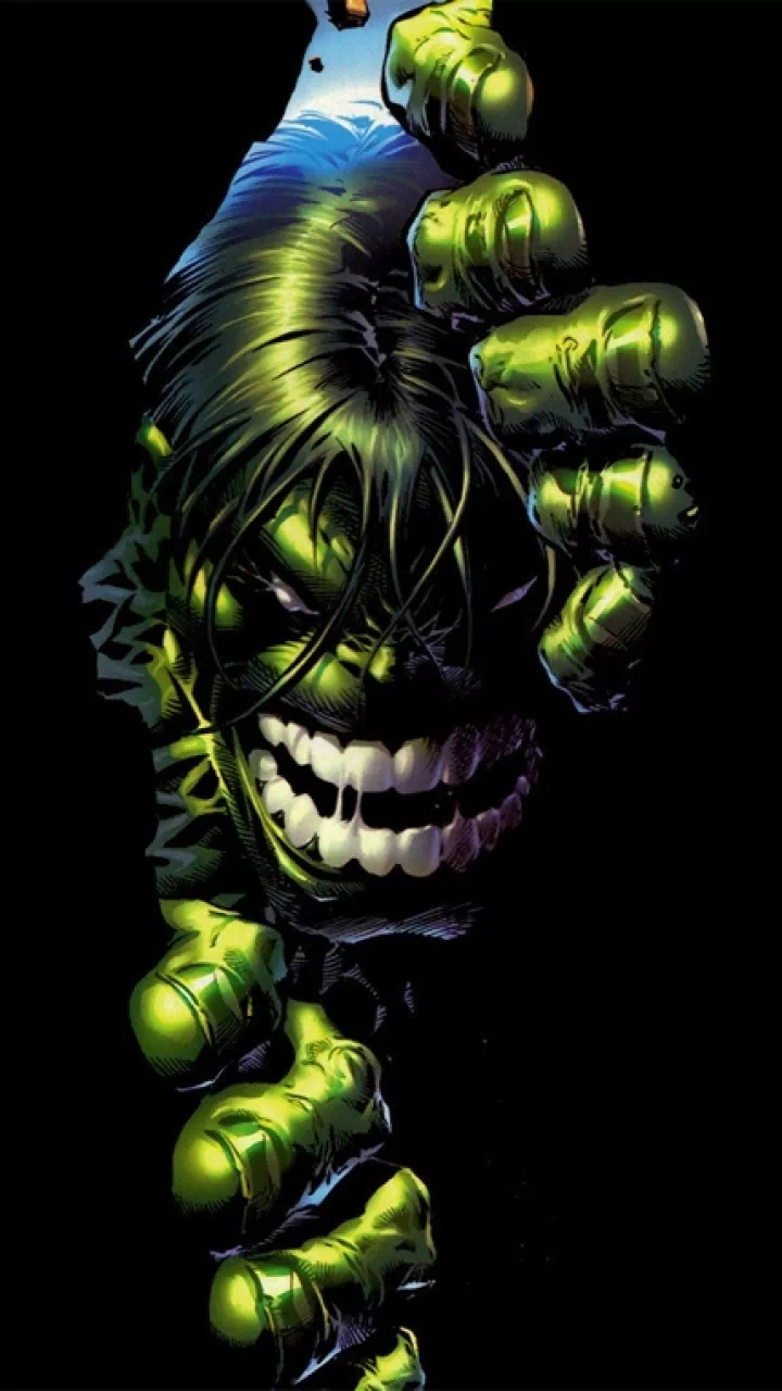 A dynamic comic depiction of the Hulk, showcasing his fierce grin and powerful green fists breaking through a wall, embodying strength and intensity.