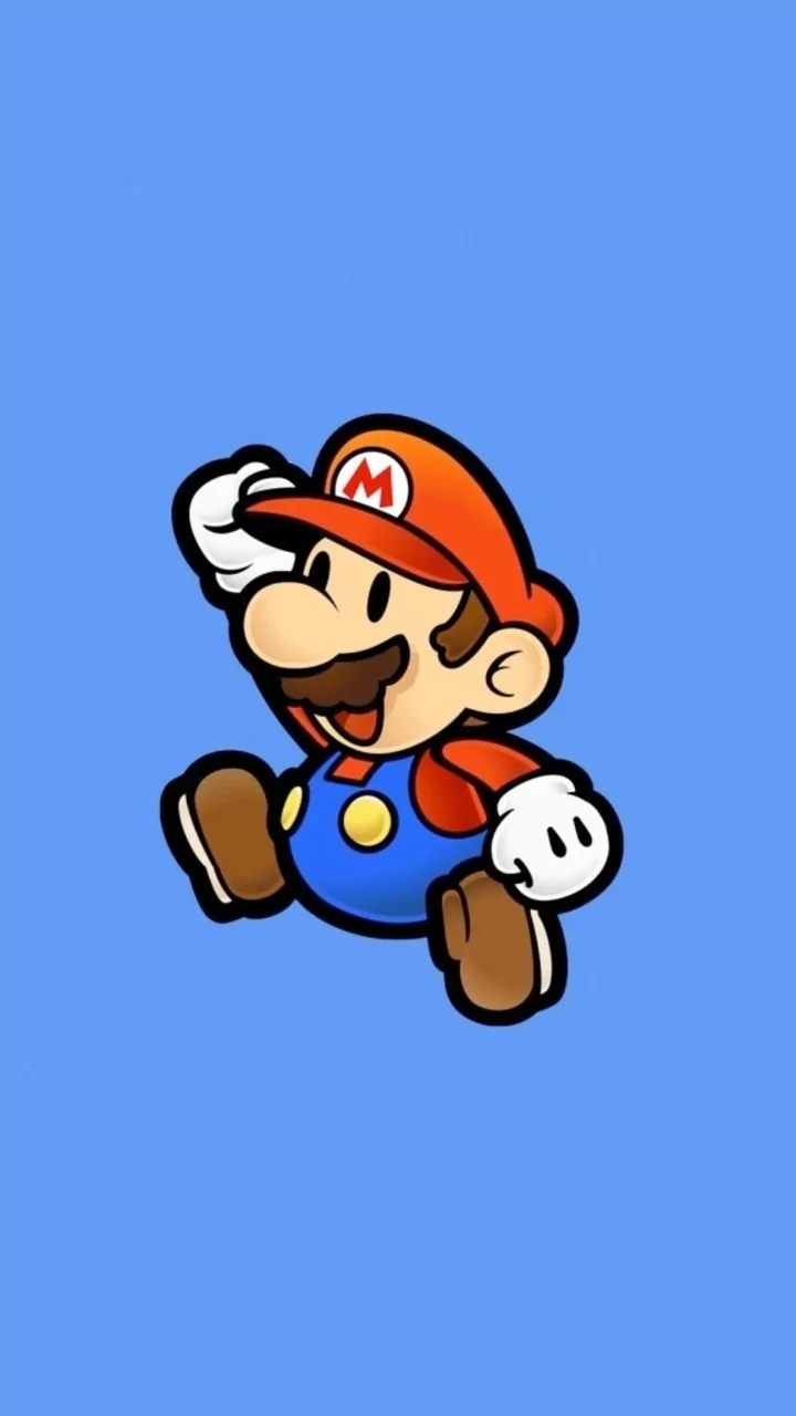 Illustration of Mario from the Super Mario Bros. video game, jumping with a confident expression against a solid blue background.