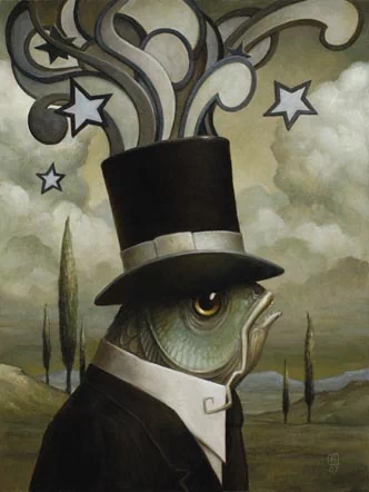 Funny, artistic surrealism: a fish-headed gentleman in a top hat and tuxedo, stars and swirling shapes emerging from the hat over a misty, dreamlike landscape.
