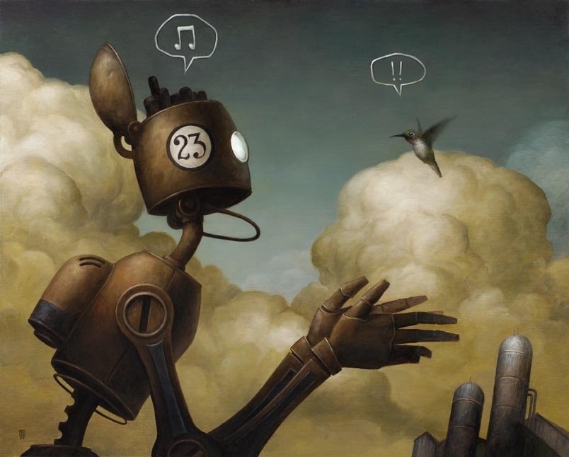 Steampunk sci-fi scene: brass robot with 23 on its head reaches toward a hummingbird amid billowing clouds.