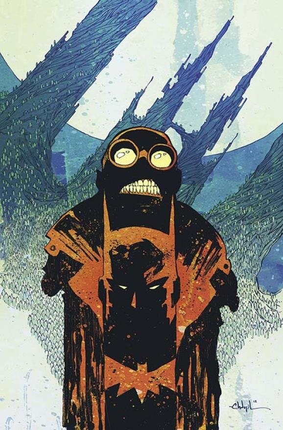 Comic-style image of a tattered Batman figure with glowing goggles and a toothy grin, bat emblem on his chest against jagged trees and a pale moon — Batman Arkham Unhinged.