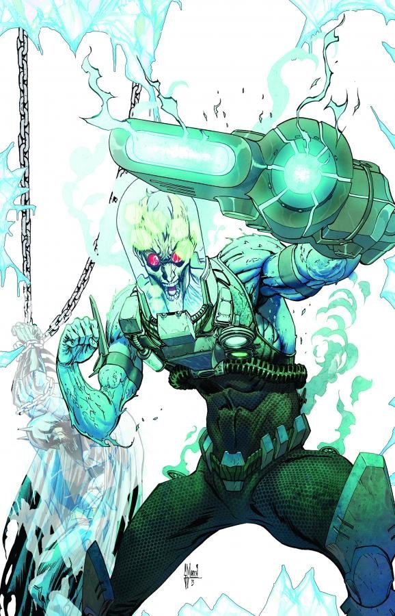 Comic, Batman: The Dark Knight — ice-powered villain unleashing a glowing freeze cannon, blue-green energy swirling as a chained frozen figure hangs in the background.