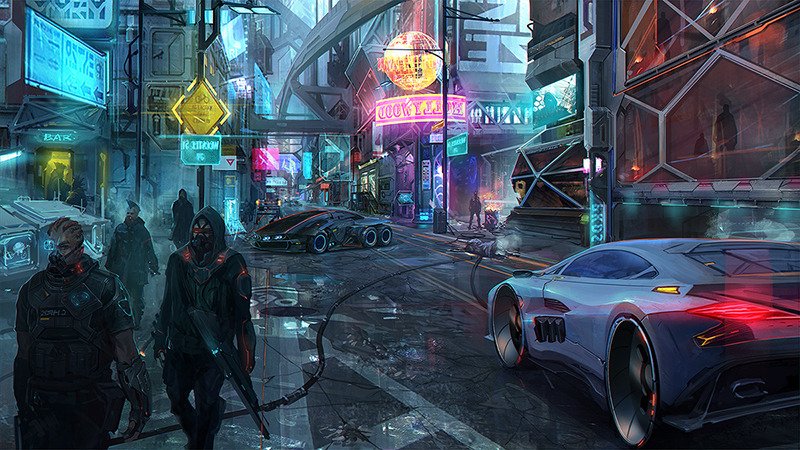 Neon-drenched sci-fi city street at night: futuristic cars, hooded pedestrians, towering holographic signs and elevated walkways reflecting off wet pavement.