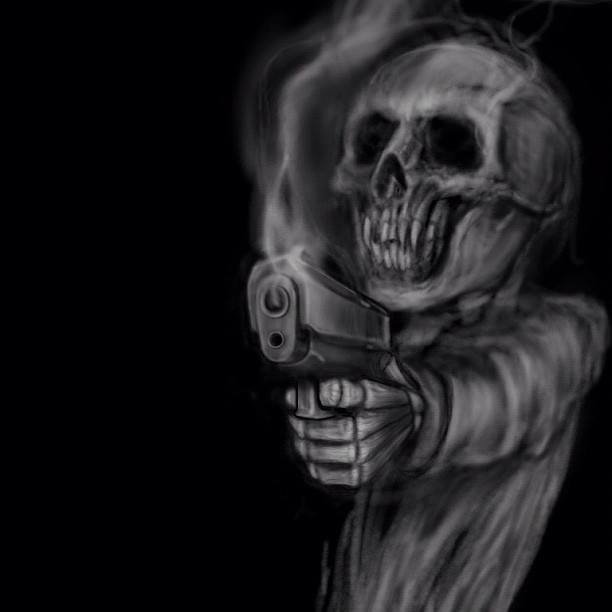 A dark, artistic Chicano art depiction of a skeletal figure in smoky tones aiming a handgun directly forward.
