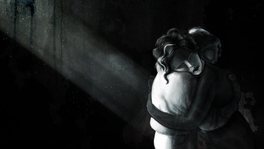 An artistic depiction of a couple embracing in a dimly lit space, exuding deep love and connection amidst shadows and light.
