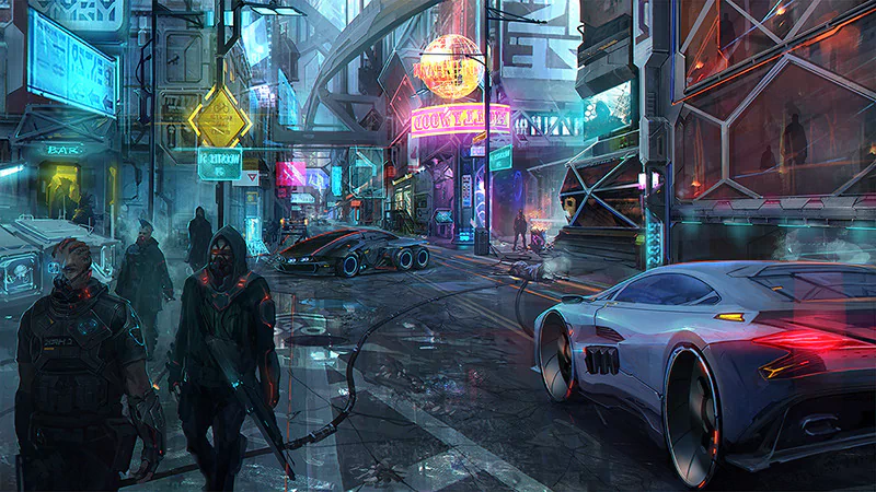 Neon-drenched sci-fi city street at night: futuristic cars, hooded pedestrians, towering holographic signs and elevated walkways reflecting off wet pavement.