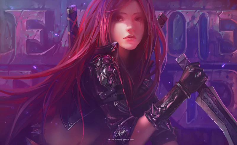 League of Legends fantasy portrait: a woman with flowing pink hair in dark armor gripping a sword against a glowing purple backdrop.