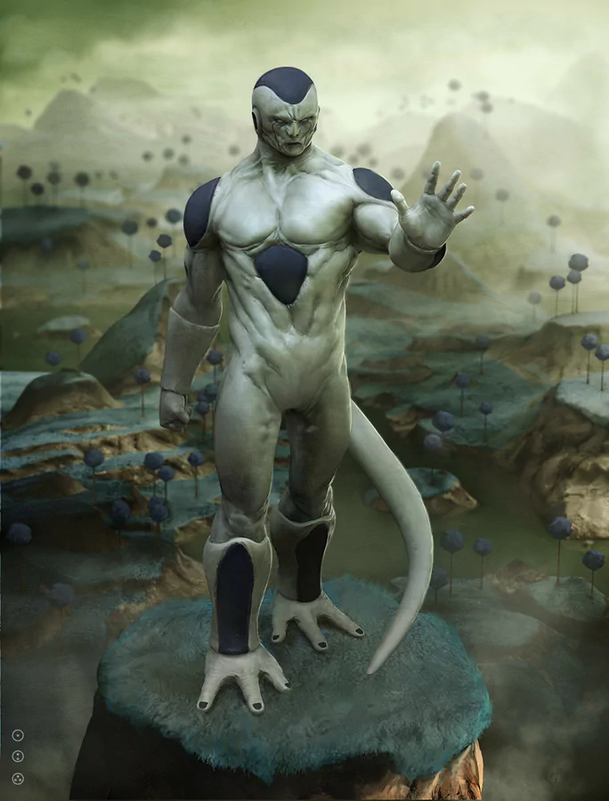A humanoid alien stands confidently in a fantastical landscape inspired by Dragon Ball Z, with a unique physique and a vibrant, otherworldly backdrop.